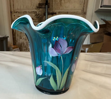 G Fenton Heirloom Optics Aqua Floral Vase Hand Paint 2003 Signed  6” Unique Read picture