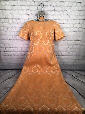 VTG 50s 60s Coral Pink Floral Brocade Half Sleeve Cocktail Party Dress M Gown picture