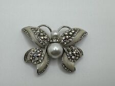 Vintage Butterfly Brooch Pin Rhinestone Enamel Faux Pearl Silver Tone picture