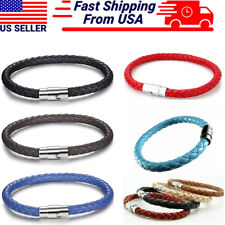 Men's Women's Braided Leather Bracelet Stainless Steel Magnetic Clasp Handmade picture