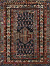 Navy Blue Pre-1900 Antique Kazak Vegetable Dye Rug 4x5 Handmade Wool Carpet picture