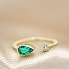 Shiny Pear Emerald & Round Moissanite Women Open 2-Stone Ring In 10K Yellow Gold picture