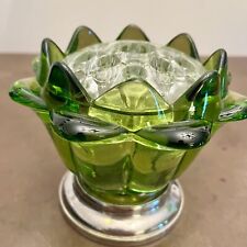 Vintage Green Viking Glass W/ Silverplate Rim-clear Glass Center Flower Frog picture