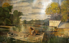 Antique impressionist oil painting river landscape boat picture