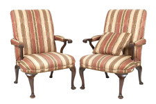 Pair of Georgian Queen Anne Style Mahogany Upholstered Arm Chairs Damask Fabric picture