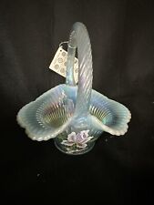 Fenton Blue Iridescent Hand Painted Signed Art Glass Basket picture
