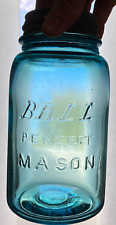 Vintage BALL PERFECT MASON w/ Italic Block Letters Blue Quart Fruit Jar Zinc Lid picture