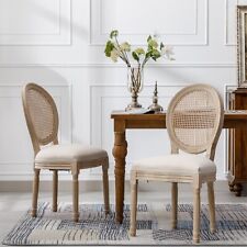 French Style Solid Wood Antique Linen & Rattan Dining Chair, Set of 2, Cream picture