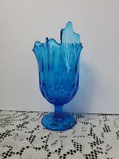 Vtg Fenton Art Glass Colonial Blue Thumbprint Handkerchief Swung Pedestal Vase picture