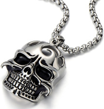 Mens Large Biker Skull Pendant Necklace Stainless Steel Silver Black Polished wi picture