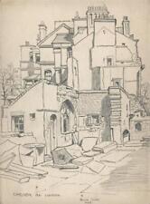 CHELSEA OLD CHURCH LONDON Pencil Drawing - c1948 - WW2 BLITZ DAMAGE picture