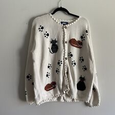 Rey Wear Hand Knitted in Bolivia Wmn XL Vintage Ivory Cat Kitten Button Cardigan picture