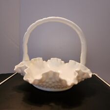 Vintage Med. Fenton  Hobnail Milk Glass Ruffled Basket With Handle-Perfect  picture
