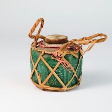Antique Chinese Shiwan Green Glaze Pottery Lidded Jar w Original Basket China picture