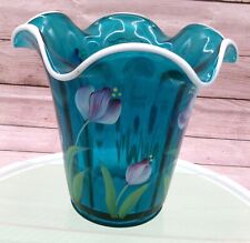Vintage FENTON Teal Blue Heirloom Optics Vase Painted Flowers Signed Neader 2003 picture