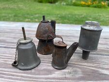 Early Lighting Antique 4 Pc Lot - Oil Peg Lamp, MINER'S LAMP, Petticoat Lamp, +  picture
