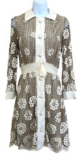 Vintage 60s i Magnin Dress Buttons Collar Embroidered Flower Lace Overlay Beige picture