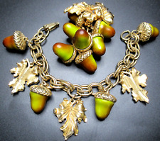 FLORENZA Vintage 2 Toned Acorn & Leaves Vintage Brooch Bracelet Set picture