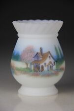 Fenton Country Cottage Scene Satin White Glass Vase Hand Painted by D. Frederick picture
