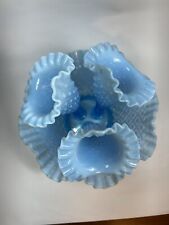 Fenton Blue Opalescent Three Horn Epergne in Diamond Lace Hobnail Vintage picture