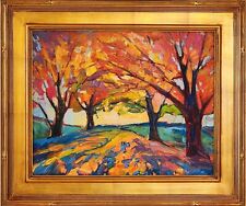 Fall Leaves Landscape Original Oil Painting Fauvism Sunset in Gold Leaf Frame picture