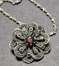 Vintage Signed NF 925 Garnet Marcasite Flower Brooch/ Necklace picture