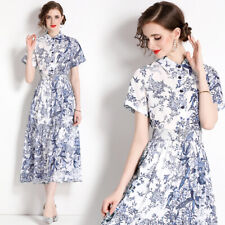 Summer Vintage Floral Print Collar Belt Short Sleeve Women Casual Midi Dresses picture