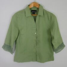Robert Louis Womens M Green 3/4 Sleeve Linen Shirt Floral Embroidered Flowers picture