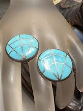 VINTAGE  STERLING SILVER TURQUOISE INLAY ARTISAN EARRINGS CLIP ON picture
