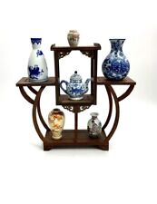 Oriental Wood Stand 6 Miniature Collectibles Vases Tea Pot Vintage Asian Decor picture