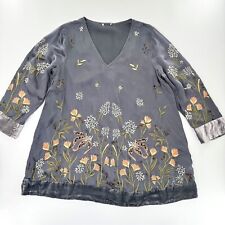 Sundance Sz L Silk Embroidered Tunic Blouse Velvet Trim Gray Satin Loose Fit picture