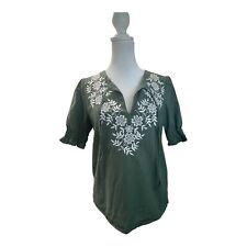 Lucky Brand Top Womens Small Green White Embroidered Blouse Bohemian Tie Front picture