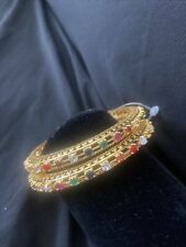 18k on4k Yellow Gold Set 2 SlipOn Bangle Real Stackable Multicolor Stones picture