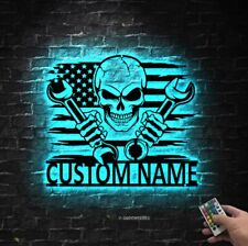 Custom US Skull Mechanic Metal Wall Art LED Light,Mechanic Garage Name Sign picture