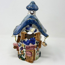 Blue Bird Cottage Tea Light Cover  W/Hanging Bird House & Nest Ceramic Charms picture