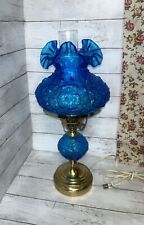 Vintage Fenton Blue Glass Poppy Pattern Student Lamp EUC picture