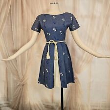 Vintage 1960s Dress Blue Short Sleeves Rope Belt Embroidered Flags Maritime  picture