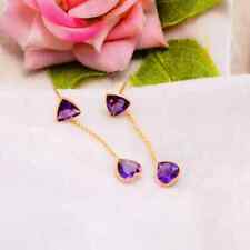 1CT Heart Cut Natural Amethyst Long Drop Dangle Earrings 18k Solid Yellow Gold picture