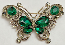 Green Crystal Rhinestone Butterfly Brooch Pin Vintage Glass Insect Big Bug Large picture