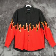 Roper Mens Medium Black Red Flame Embroidered Accent Button Up Cotton Shirt picture