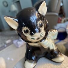 Vintage 1950s Shawnee Black White Cat Kitty Planter With Blue Bow picture