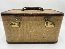 Vintage Tweed Train Case Suitcase Luggage Cosmetic Bag with Mirror and Key Locks picture