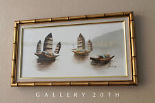 GORGEOUS MCM CHINESE JUNKS IN HARBOR ORIG OIL 50S 60S VTG WALL ART PAINTING picture