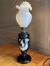 Antique Oil Kerosene Lamp Ueber Land Und Meer 1800’s Black White Glass Girl Wow picture