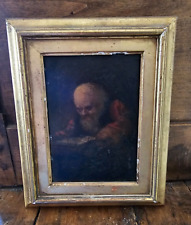 Antique Old Man Studying Masters'-Like Painting on Board 4.5x6.5