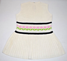 St John Knit Dress VTG 60s 70s Ivory Dress Pleated Skirt Mid Stripe Flowers S/M picture