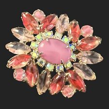 Vintage Beau Jewels Pink Cabochon Rhinestone Brooch Pin Aurora Borealis Floral picture