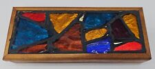 Vintage MCM Mosaic Foil Stained Glass Walnut Wood Storage Trinket Box picture