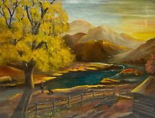 Antique Original Landscape Oil Painting Signed Ellis Shepherd & Dog Folk Art picture