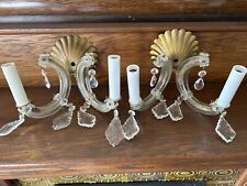 Vintage Pair Glass Wall Sconces Two Arm Curved W/crystals Electric picture